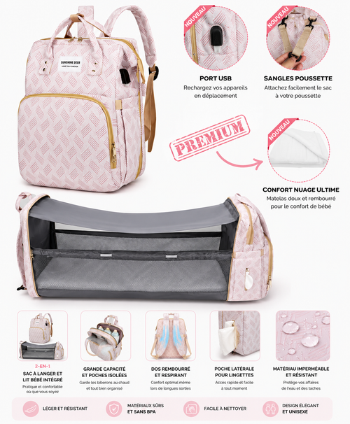 Sac à langer 3-en-1 — lit bébé pliable, matelas à langer & port USB