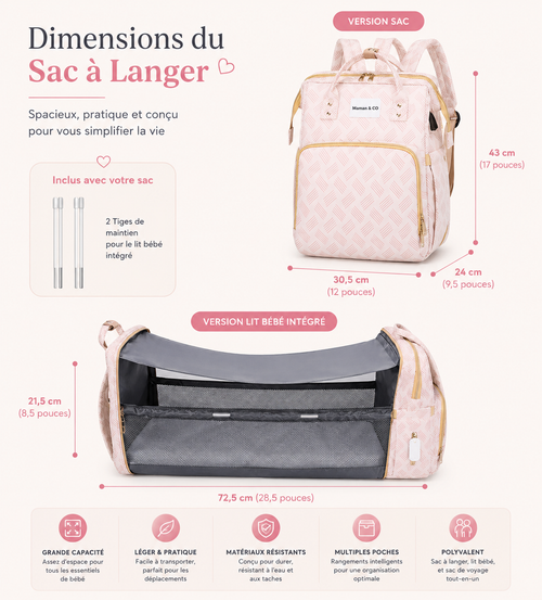 Sac à langer 3-en-1 — lit bébé pliable, matelas à langer & port USB