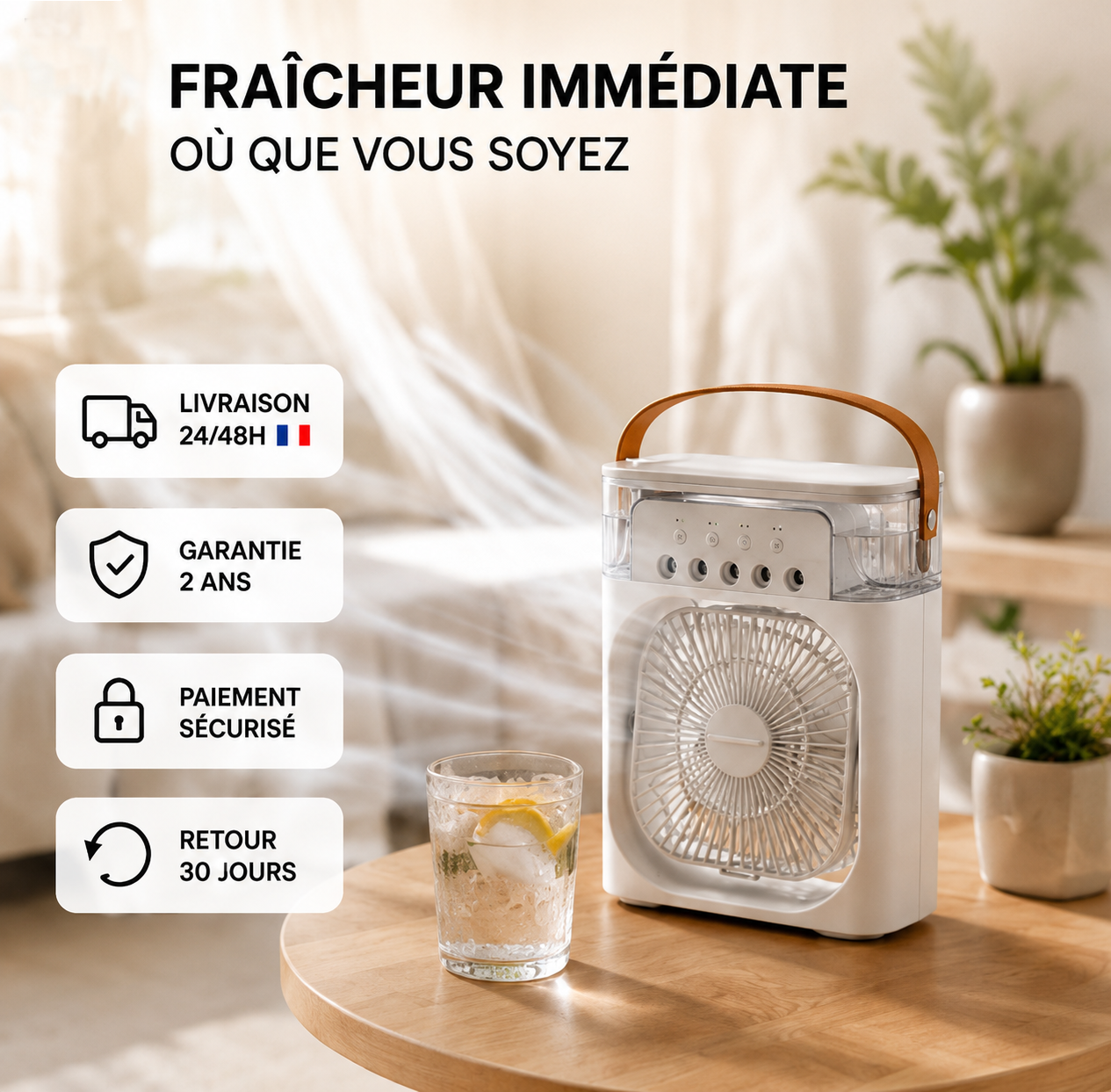 Airy mini climatiseur portable blanc posé sur une table
