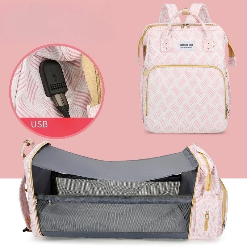 Sac à langer 3-en-1 — lit bébé pliable, matelas à langer & port USB